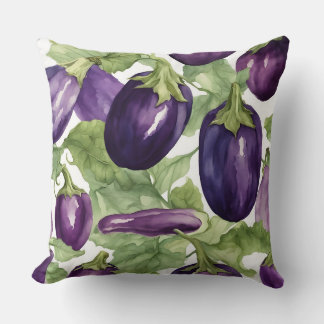 Watercolor Eggplant Garden Botanical Pattern Cushion