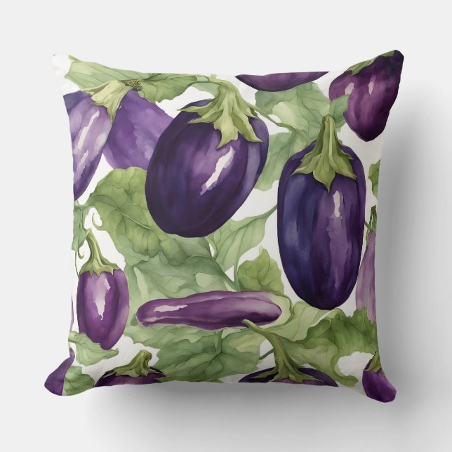 Watercolor Eggplant Garden Botanical Pattern Cushion (Front)