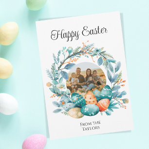 Watercolor Eggs Wreath Happy Easter Family Photo Holiday Card