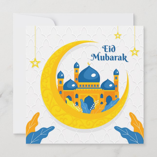 Watercolor Eid Mubarak Mosque Crescent Yellow Blue Holiday Card (Front)
