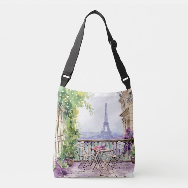 Watercolor Eifel Tower Paris French Cafe Crossbody Bag (Front)