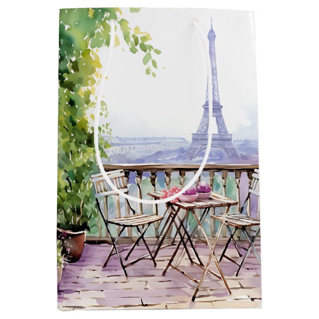 Watercolor Eifel Tower Paris French Cafe Medium Gift Bag (Front)
