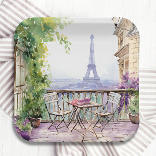 Watercolor Eifel Tower Paris French Cafe Paper Plate