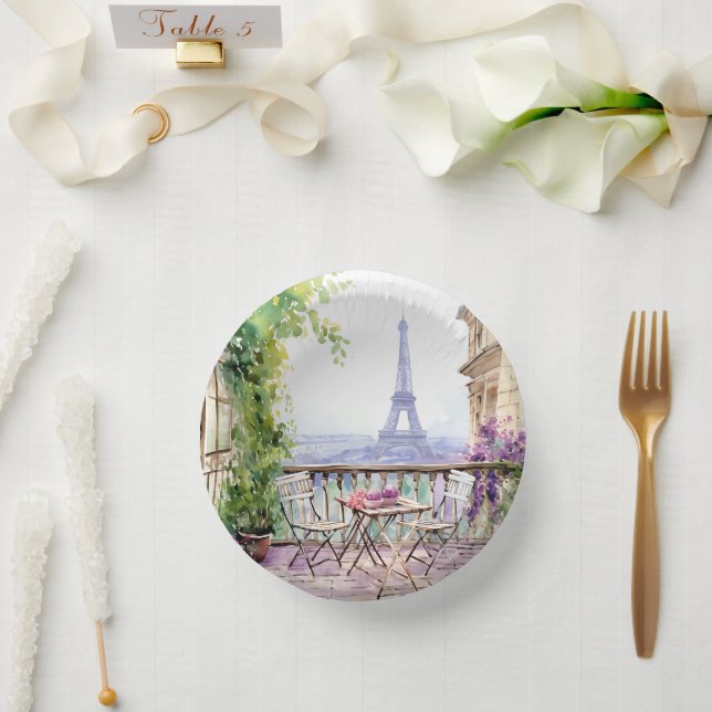 Watercolor Eifel Tower Paris French Cafe Paper Plate (Wedding)