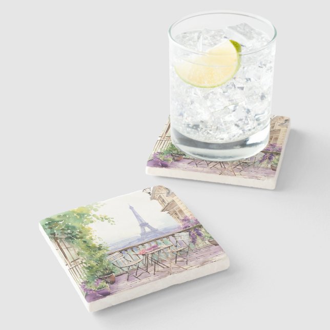 Watercolor Eifel Tower Paris French Cafe Stone Coaster (Side)