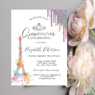 Watercolor Eiffel Tower,Colourful Drips Quinceañer Invitation