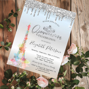 Watercolor Eiffel Tower,Drips Silver Quinceañera Invitation