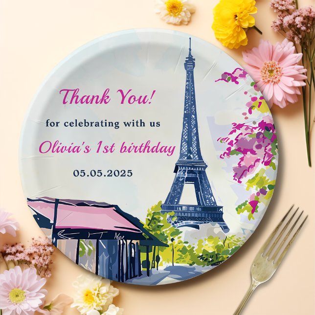Watercolor Eiffel Tower Paris 1st Birthday Party Paper Plate (Creator Uploaded)
