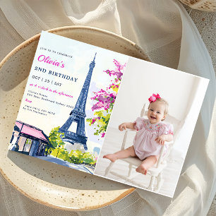 Watercolor Eiffel Tower Paris 2nd Birthday Photo  Invitation