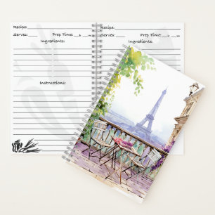 Watercolor Eiffel Tower Paris French Cafe Notebook