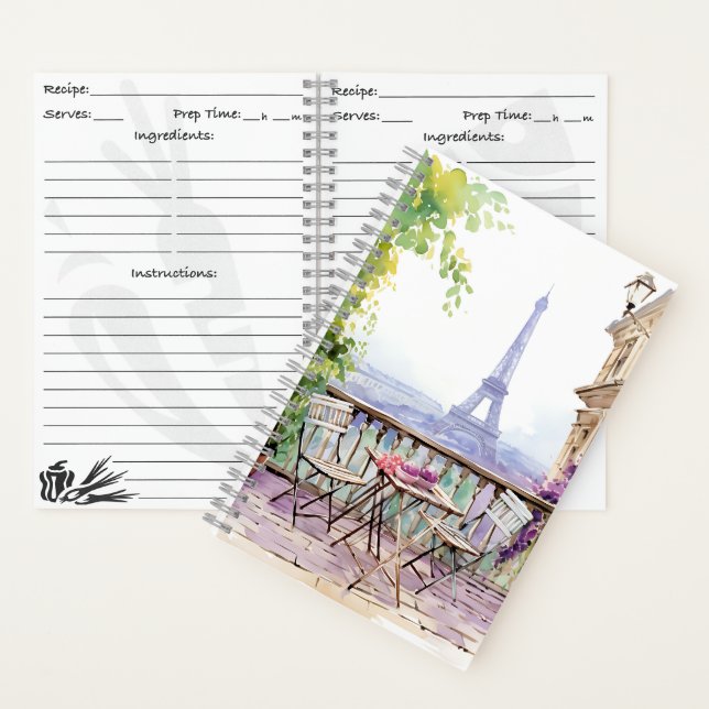Watercolor Eiffel Tower Paris French Cafe Notebook (Inside)