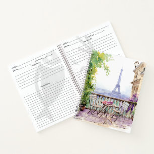Watercolor Eiffel Tower Paris French Cafe Notebook