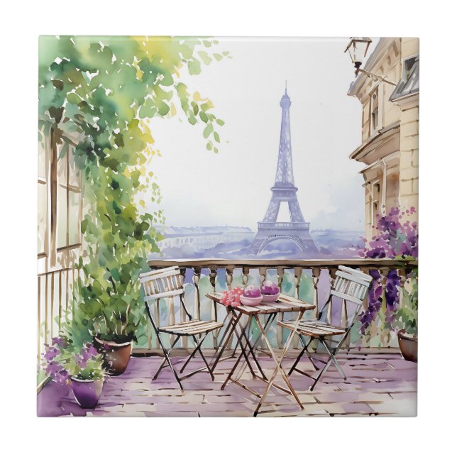Watercolor Eiffel Tower Paris French Cafe Tile (Front)