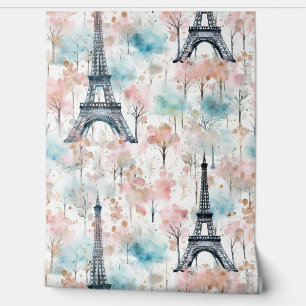 Watercolor Eiffel Tower Paris Pink Blue Wallpaper