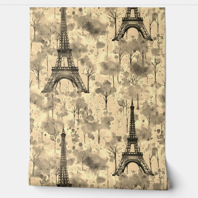 Watercolor Eiffel Tower Paris Sepia Wallpaper (Unrolling)