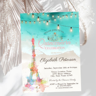 Watercolor Eiffel Tower,Tiara Beach Quinceañera Invitation