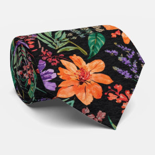 Watercolor Elegant black Summer Flowers Hues Tie