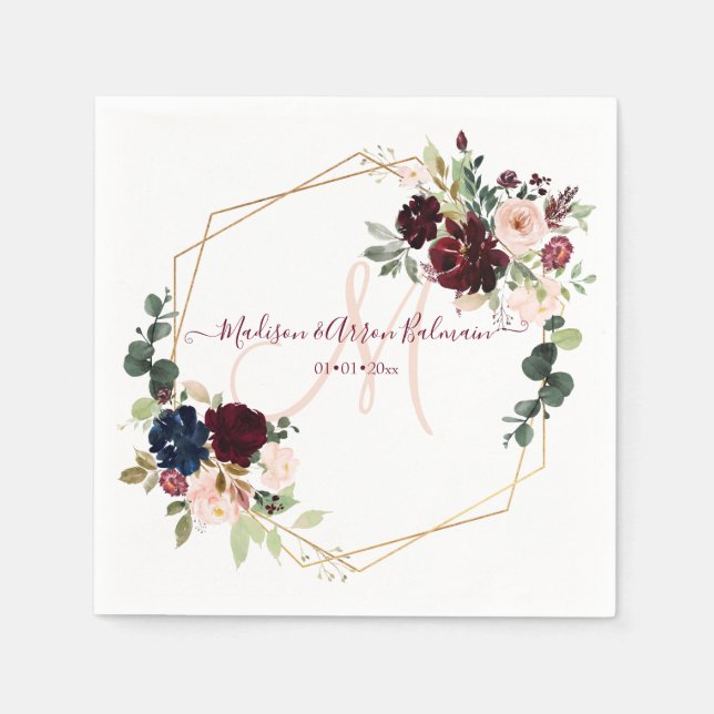 Watercolor Elegant Bloom Blush Burgundy Monogram Napkin (Front)