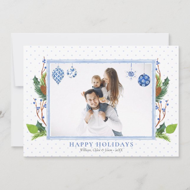 Watercolor Elegant Blue Chinoiserie One Photo  Holiday Card (Front)