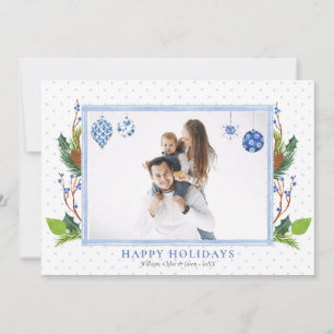 Watercolor Elegant Blue Chinoiserie One Photo  Holiday Card