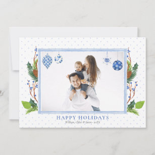 Watercolor Elegant Blue Chinoiserie One Photo  Holiday Card