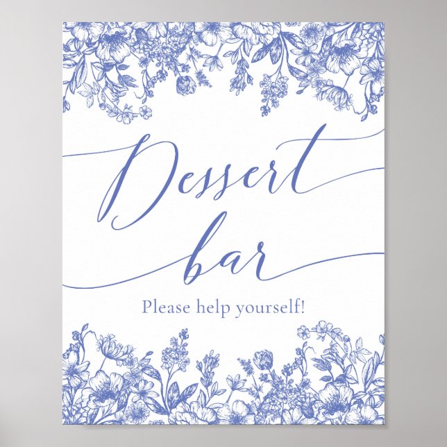 Watercolor Elegant Blue Floral Dessert Bar Sign (Front)