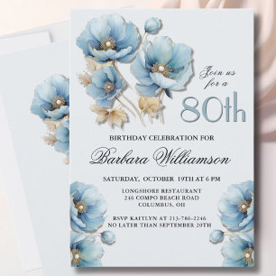Watercolor Elegant Blue Gold Floral 80th Birthday Invitation