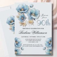 Watercolor Elegant Blue Gold Floral 90th Birthday