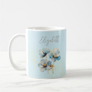 Watercolor Elegant Blue Poppies Gold Dust  Coffee Mug