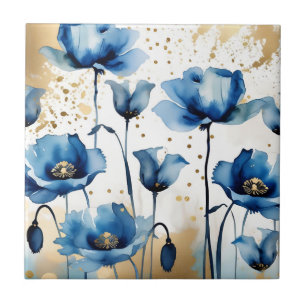 Watercolor Elegant  Blue Poppies Tile