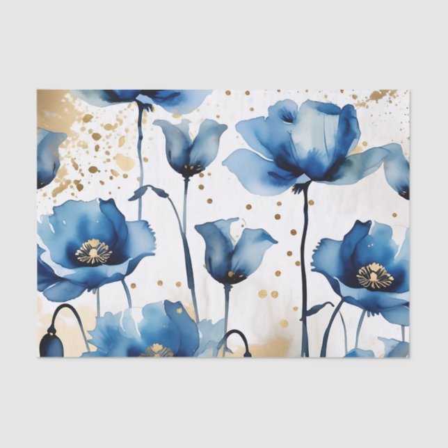 Watercolor Elegant  Blue Poppies Tissue Paper (Front)