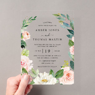 Watercolor Elegant Blush Gold Floral Wedding Acrylic Invitations