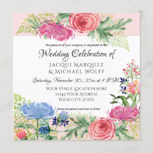 Watercolor Elegant Blush Pink Floral n Fern Leaf Invitation