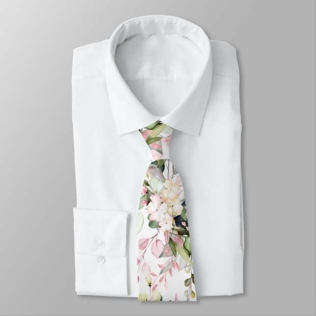 Watercolor Elegant Blush Pink Gum Eucalyptus Tie (Tied)