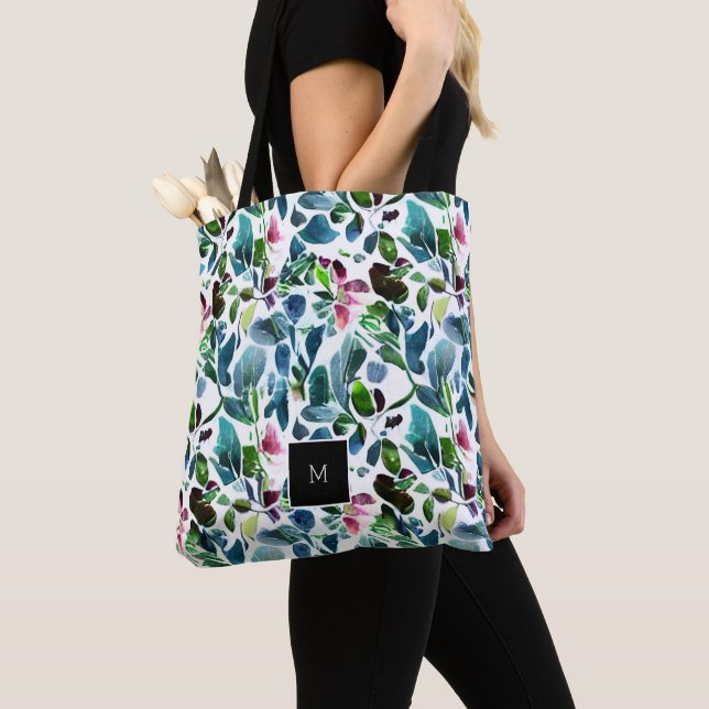Watercolor elegant botanical floral monogrammed tote bag (Close Up)