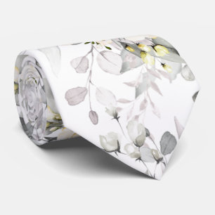 Watercolor Elegant Cream Roses+Eucalyptus Neck Tie
