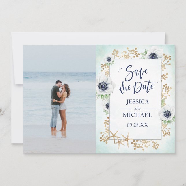 Watercolor Elegant Cute Anemone Flower Photo Save The Date (Front)