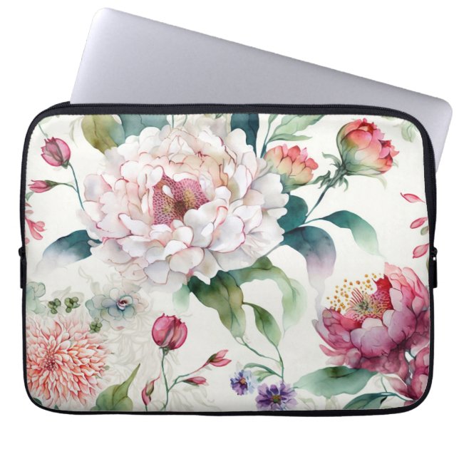 Watercolor elegant delicate asian floral pattern laptop sleeve (Front)