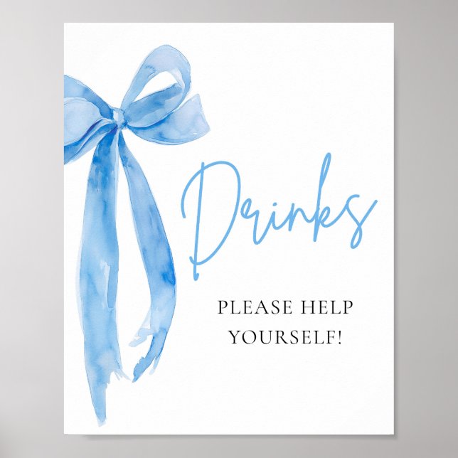 Watercolor Elegant Dusty Blue Bow Drinks Sign (Front)