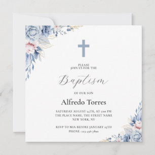 Watercolor Elegant Dusty Blue Floral Baby Baptism Invitation