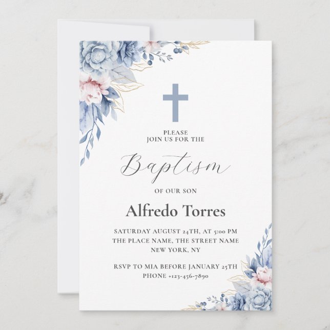 Watercolor Elegant Dusty Blue Floral Baby Baptism Invitation (Front)