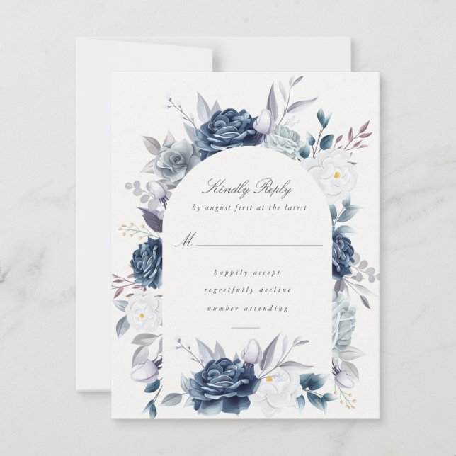 Watercolor Elegant Dusty Blue Floral rsvp (Front)