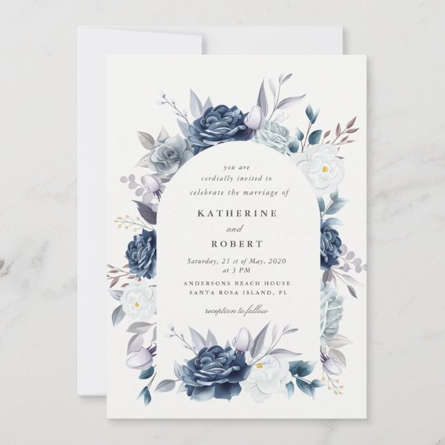 watercolor elegant dusty blue floral wedding invitation (Front)