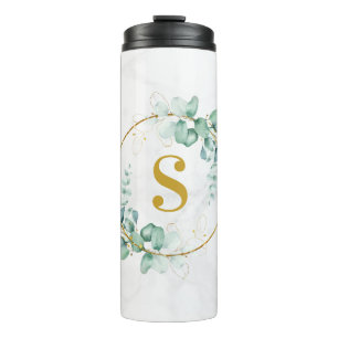 Watercolor Elegant Eucalyptus & Gold Monogram Thermal Tumbler