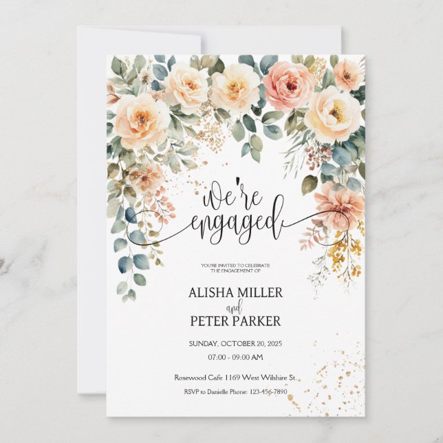 Watercolor Elegant Floral Engagement Party Invitation (Front)