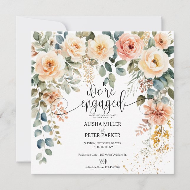 Watercolor Elegant Floral Engagement Party Invitation (Front)