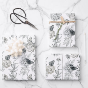 Watercolor Elegant Floral Grey Hydrangea Wrapping Paper Sheet