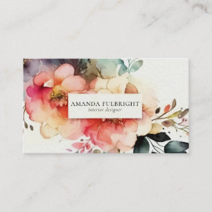 Watercolor Elegant Floral Modern Interior Designer Business Card