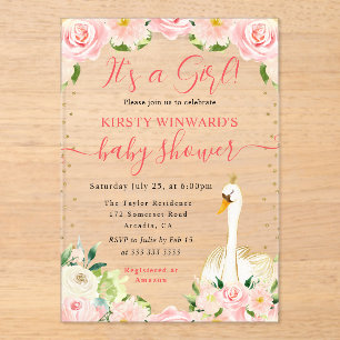 Watercolor Elegant Floral Swan Baby Shower Acrylic Invitations