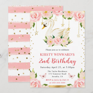 Watercolor Elegant Floral Swan Birthday Invitation
